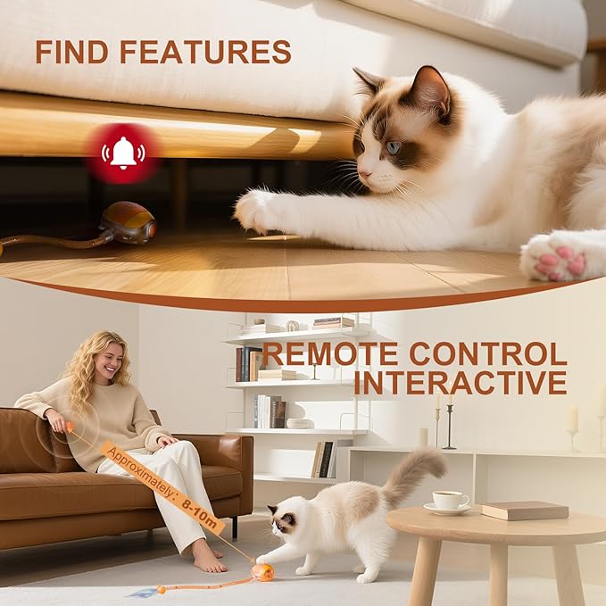 New Fi Smart Interactive Cat Toy Ball with Remote Control & Sound | Motion-Activated Automatic Cat Toy with 2 Elastic Tails, Red Dot & Find Function for Indoor Cats & Kittens