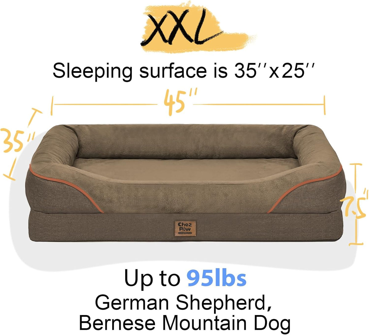 Washable Orthopedic Large Dog Bed -XL Large Dog Bed with Removable & Waterproof Cover Pet Beds with Foam Support for Big Size Dogs with Bolster