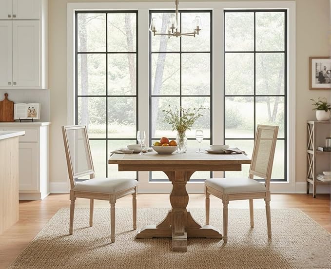 CIMOTA Farmhouse Dining Chairs Set of 4, French Rattan Dining Room Chairs with Rectangle Back/Distressed Wood Upholstered Vintage Side Chairs for Kitchen/Restaurant, Beige/4PCS