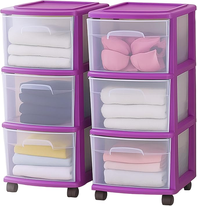 HOMZ 2-Pack Drawer Tower, 3-Tier Clear Plastic Storage Organizer Cart, and