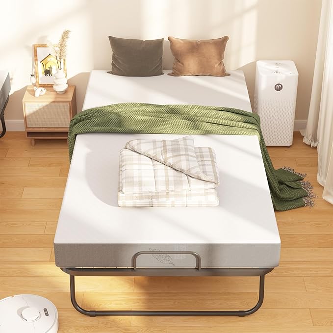 Folding Bed with Mattress, 75" x 38" Twin Size Rollaway Bed on Wheels, Foldable Metal Frame & Storage Pocket, Space-Saving Portable Cot for Adults, Home, Office, Apartment