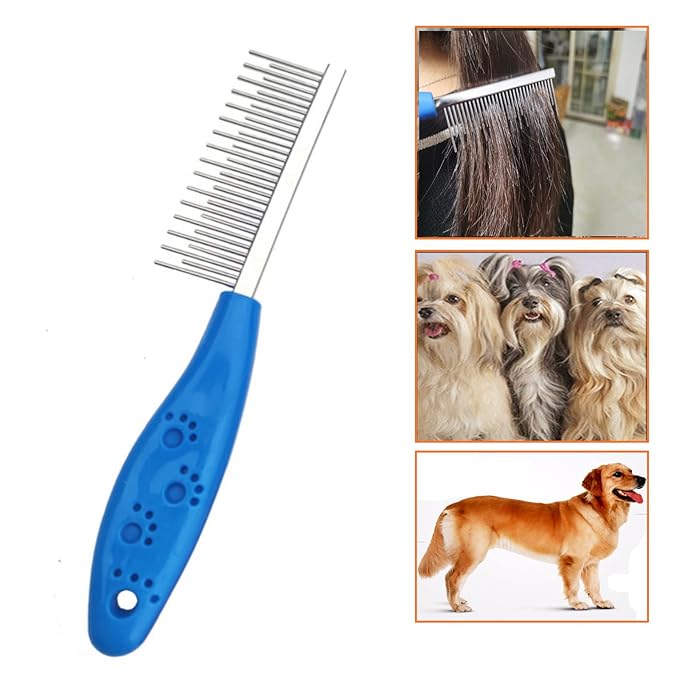 Long Hair Dog or Cat Comb Grooming with Short and Long Teeth Dematting Knots Tangles Remover Combs Detangler Tool Suitable for Dogs Cats Poodle HorseStainless Steel Pin