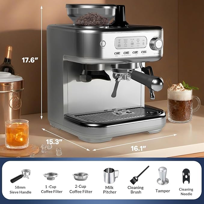 IDEALHOUSE Espresso Maker with Grinder, Milk Frother, 15 Bar Pump, 15 Grind
