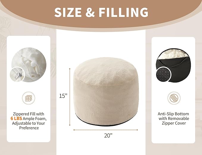 Pouf Ottoman Foot Rest 20"x15" Footstools and Ottomans Small with Filling Cream Small Beige Ottoman Foot Rest Ivory Poofy Ottom Stool Soft Poofs/Ottomans Furniture Living Room Ottom Footstool