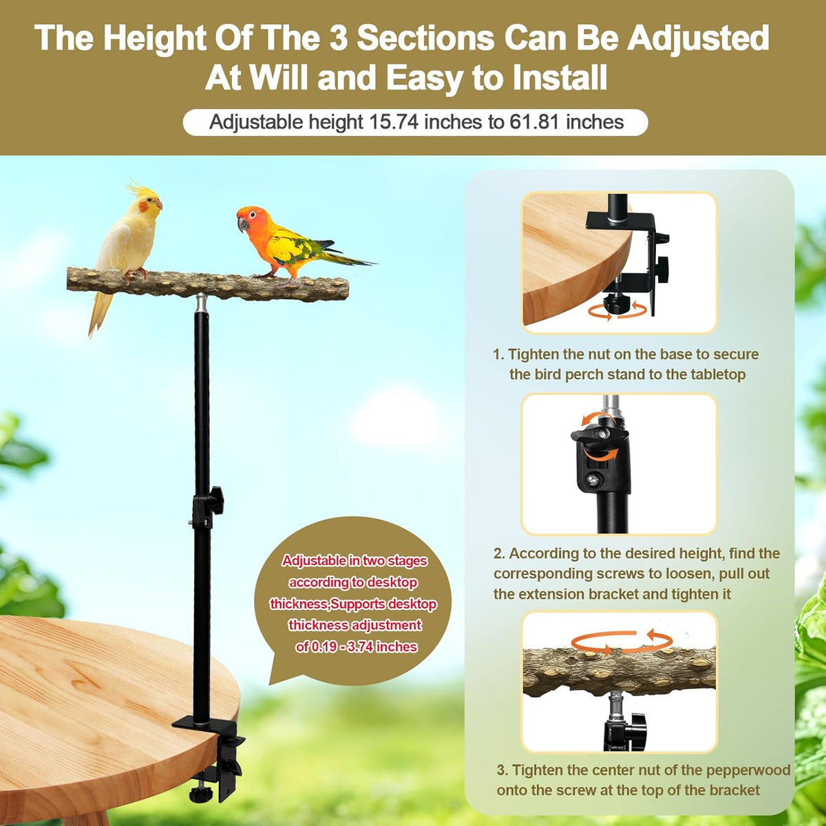 13-23 Inch Height Adjustable Desktop Bird Perch Pepper Wood Bird Training Perch Stand Parakeet Perches Indoor and Outdoor Parrot Stands for Small to Medium Bird