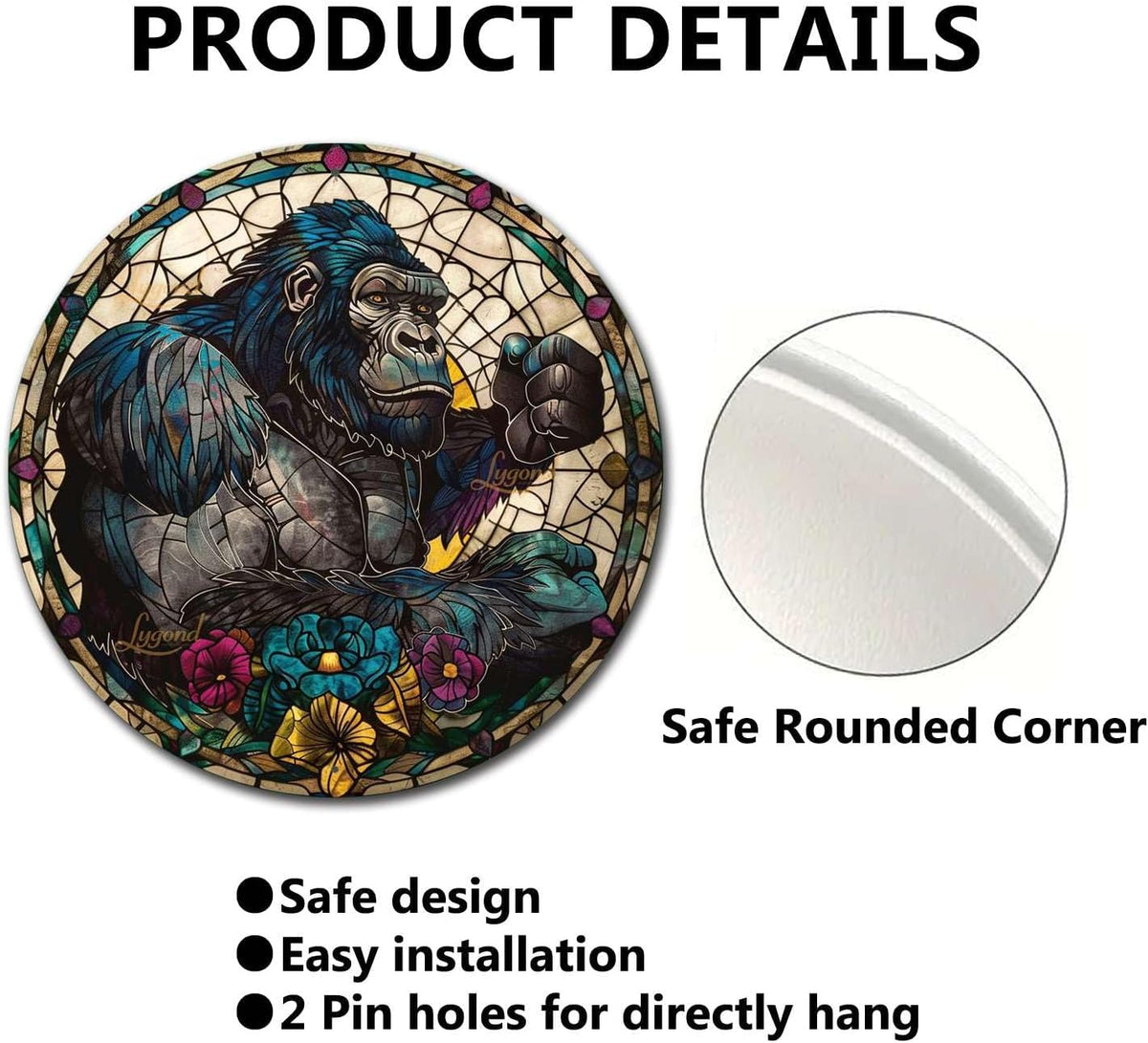 Lygond Metal Sign Tin Sign Circular Stained Glass Gorilla Wall Art for Club 12×12 Inches