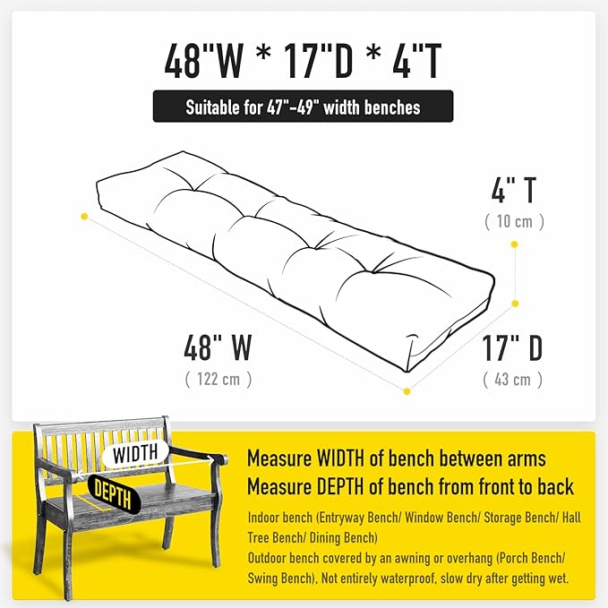 SUNROX LokGrip Non Slip Tufted Memory Foam Bench Cushion, FadeShield Water Resistant Durable Thicken Outdoor/Indoor Bench Seat Pads 48x16x4 inch, Midnight