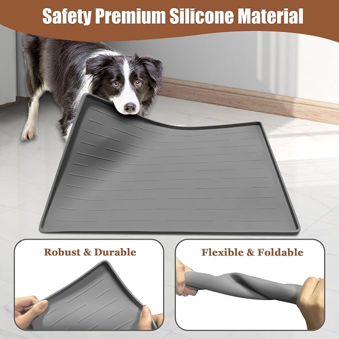 24"x16" Large Dog Food Mat, Silicone Dog and Cat Mats for Food and Water Bowls, Waterproof Raised Edge Pet Feeding Mat for Contain Spills Protects Floors, Multiple Colors & Sizes for Pets, Dark Gray