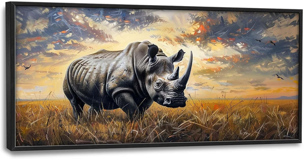 Rhino Large Wall Art Rustic Cool Wild Animal Rhinoceros Pictures Sunset Field Landscape Wall Decor Canvas Print Painting Artwork for Bathroom Living Room Bedroom 60L" x 30W"