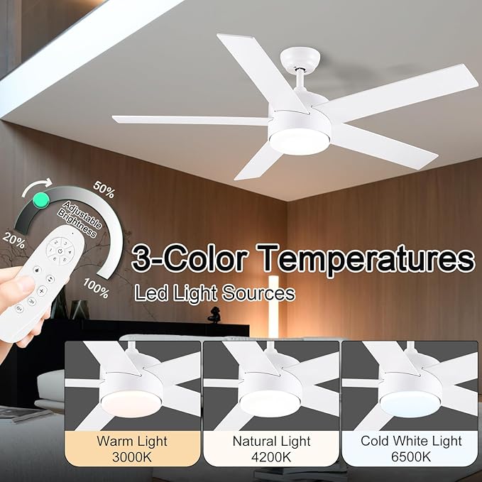 POCHFAN 52 inch White Ceiling Fans