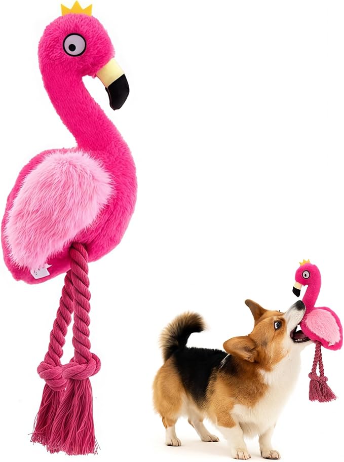 Plush Flamingo Dog Toy with Rope Legs, Pink, Interactive Squeaky Chew Toy for Small, Medium Dogs, Tug-of-War Play