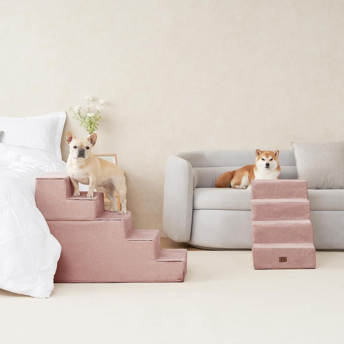 EHEYCIGA Dog Stairs for Bed 20" H, 4-Step Extra Wide Dog Steps for High Bed, Pet Steps for Small Dogs and Cats, Non-Slip Balanced Pet Ramp Indoor, Pink