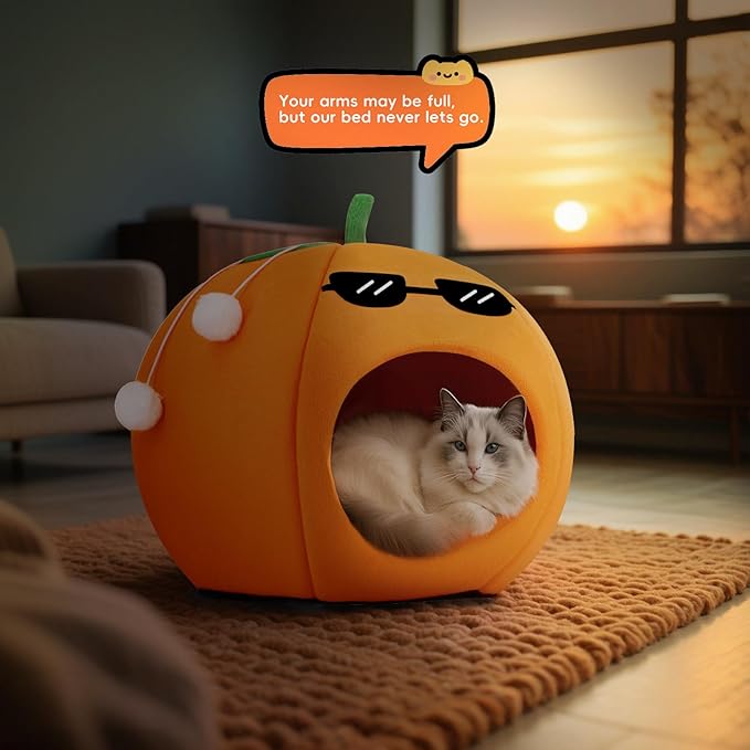 Cute Cat Beds for Indoor Cats, Small Dog Beds, Soft Washable Pet Beds for Kitten and Puppy, Funny Orange Cat Cave, 19 Inches