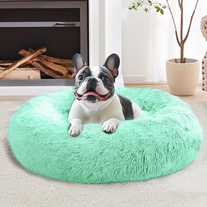 JOLLYVOGUE Calming Dog Bed Medium Size Dog, 31in Donut Washable Medium Pet Bed, Anti-Slip & Anti-Anxiety Fluffy Faux Fur Round Dogs Bed, Fits up to 45 lbs Pets (Mint Green)