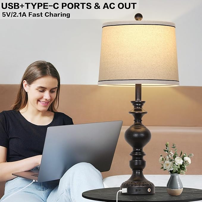 28" Black Farmhouse Table Lamps Set of 2, Rustic Lamp for Living Room with USB C+A Ports & AC Outlet, 3 Way Touch Control Resin Bedside Lamps, Retro Bedroom Lamp for Nightstand Side End Table Desk