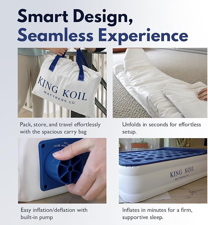 King Koil Luxury Pillow Top Plush Queen Air Mattress with Built-in High-Speed Pump Best for Home, Camping, Guests, 16" Queen Size Double Airbed Adjustable Blow Up Mattress, Waterproof, 1-Year Warranty