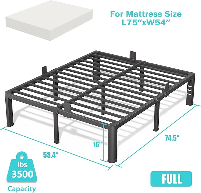 16 Inch Full Bed Frame with Rounded Corner and Headboard Hole Mattress Retainers 3500 lbs Heavy Duty Support Metal Platform Bed Frame Noise Free No Box Spring Needed Easy Assembly