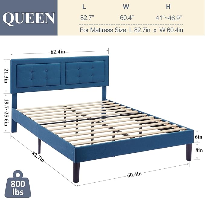 VECELO Queen Size Bed Frame with Adjustable Headboard, Upholstered Button Tufted Platform Bedframe with Wood Slats Support, No Box Spring Needed, Aegean Blue