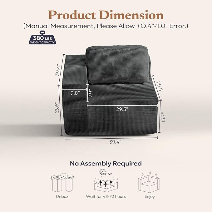 40" Modular Upholstered Foam Couch, Upholstered Floor Sofa Couch with Pillow, Single Sofa for Bedroom Living Room, No Assembly Required (Corduroy Fabric, Grey)