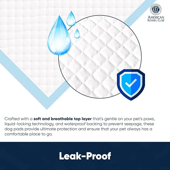 AKC Puppy Training Pads, 22" x 22", Grass Scented, 100 Count | Scented dog pee pads help control odors with ultra absorbent quick-dry gel, leakproof layers and potty training protection.