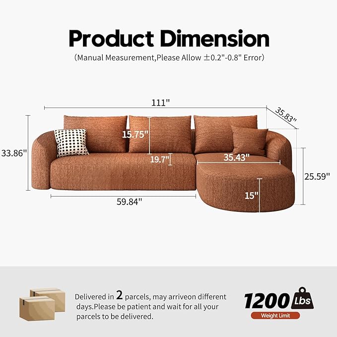 111" Modular Sectional Couches Luxury Modern Curved Back Sofa,Minimalist Comfy L-Shape Boneless Cloud Couch for Living Room Apartment,(Right Facing Chaise,Orange)