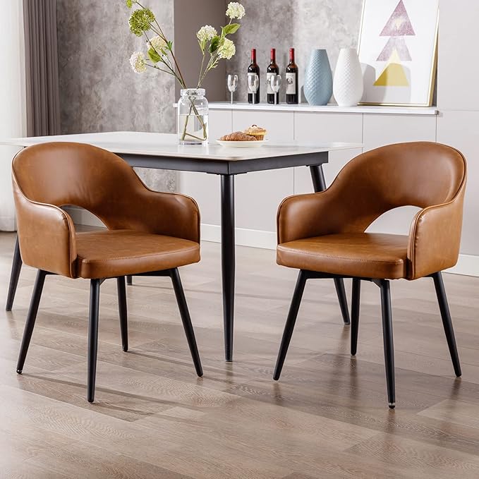 DUOMAY Swivel Dining Armchair Set of 2 PU Leather Upholstered Modern Accent Guest Chair for Home Office & Dining Room, Brown