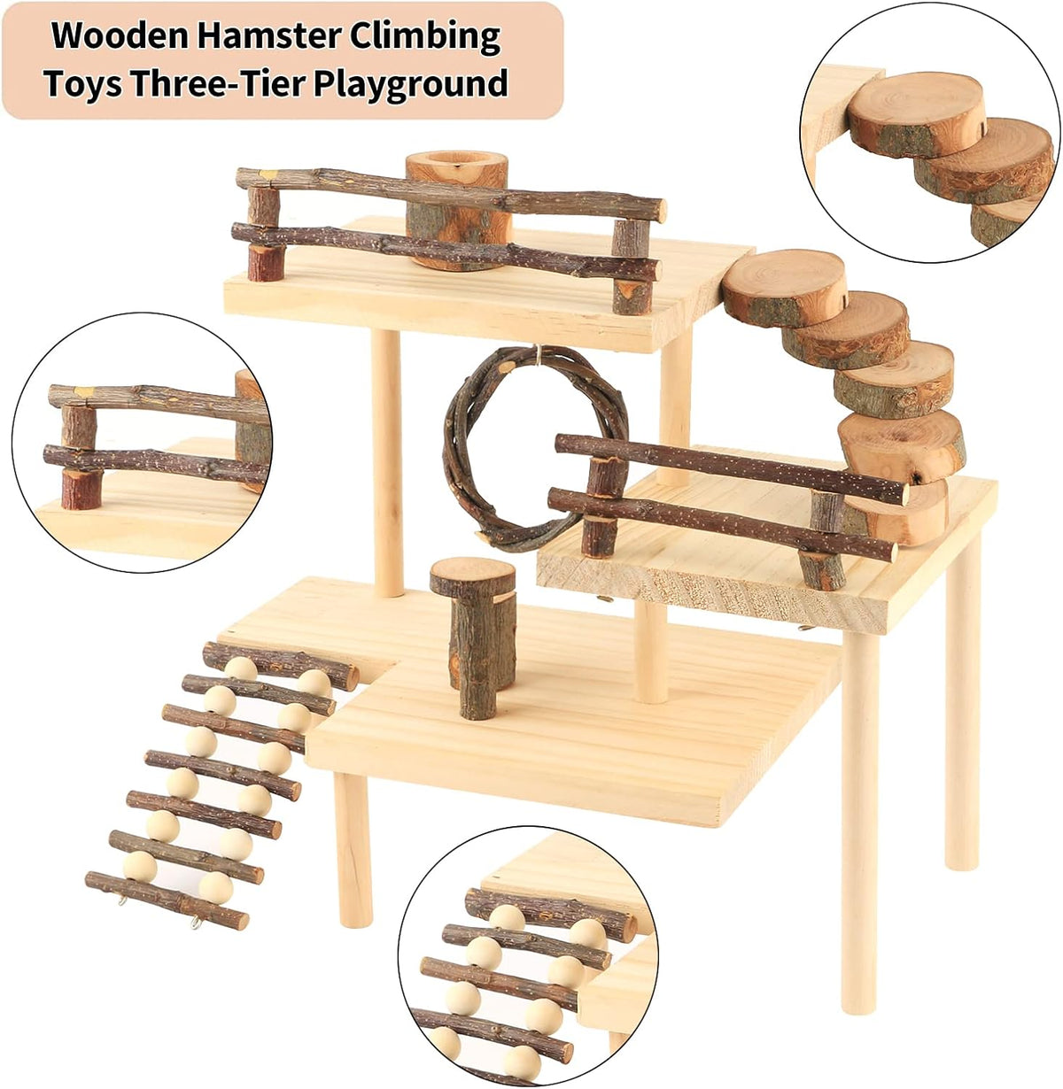 HOSUKKO Hamster Climbing Toys 3-Tier Extra Large Hamster Playground Natural Wooden Small Animal Platform Toys Hamster Exercise Activity Climbing Platform with Bridge for Gift
