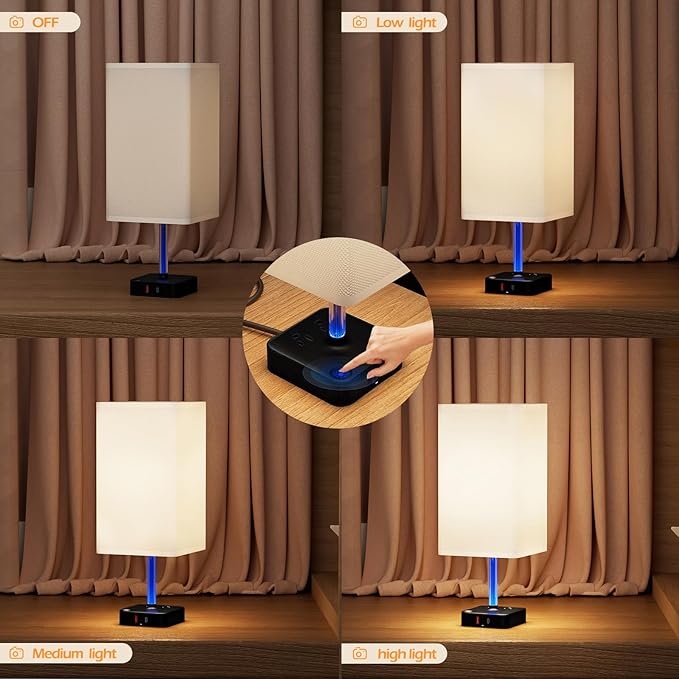 COZOO 3 Way Dimmable Touch Bedside Table Lamp with 2 USB Charging Ports 2 Outlets Power Strip,Black Charger Base White Fabric Shade,LED Desk Night Light for Bedroom/Nightstand/Living Room/College Dorm