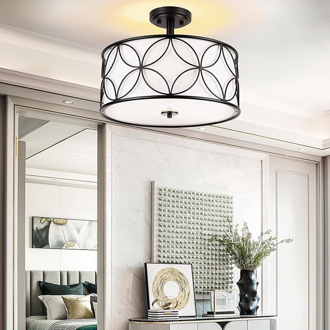 3-Light Semi Flush Mount Ceiling Light, 16" Drum Light with Fabric Shade, Modern Close to Ceiling Lamp for Living Room Bedroom Dining Room Kitchen Hallway Entry Foyer (Black)
