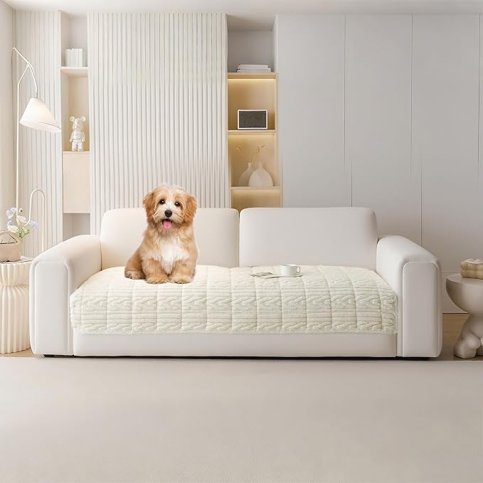 HANDONTIME Couch Cover for Dogs Washable, Fuzzy Sofa Cover for Pets Geometric Jacquard Non-Slip Couch Protector for Dogs Pet-Friendly Sectional Cushion Covers Pet Furniture Cover (Beige,35.4" x 94.5")
