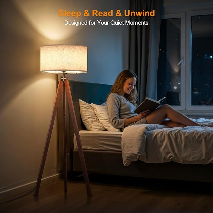 LEPOWER Wood Tripod Floor Lamp, Mid Century Standing Lamp, Modern Design Studying Light for Living Room, Bedroom, Study Room and Office, Flaxen Linen Shade with E26 Base Brown