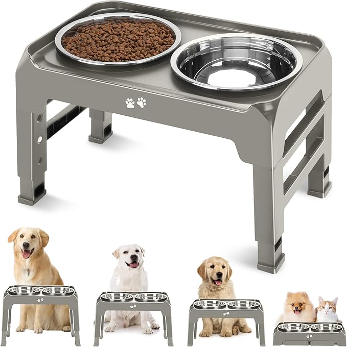 Elevated Bowls, 4 Height Adjustable Raised Stand With 2 Thick 50oz Stainless Steel Food Bowls, Non-Slip Feeder for Dogs, Adjusts to 3.7", 9.2", 10.75", 12.36" Light Brownish Gray