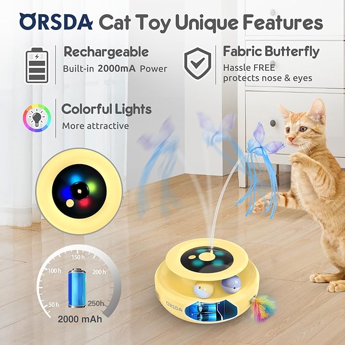 ORSDA Cat Toy, 3-in-1 Automatic Interactive Electronic Moving Ambush Feather, Fluttering Butterfly, Track Balls, USB Rechargeable Powered Smart Indoor Exercise Kicker