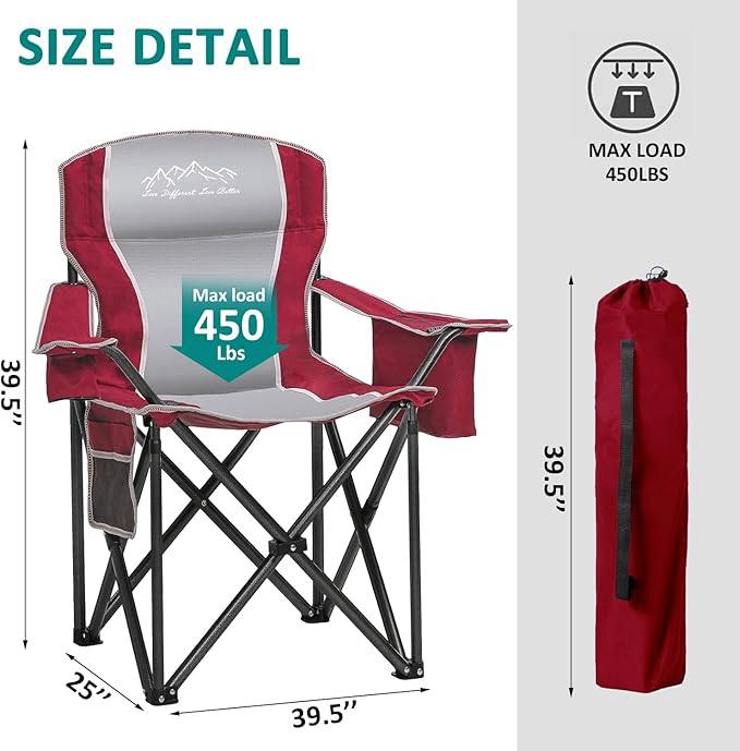 SAILARY Camping Chair Heavy Duty High Back Folding Chair with Cup Holder, 450lbs Capacity, Padded Seat, Cooler Bag & Storage Pocket, Portable for Outdoor, Beach, Fishing, Sports, Red
