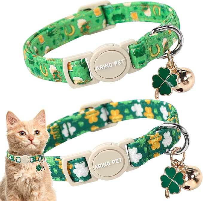 ARING PET 2 Pack St. Patrick's Day Cat Collars-Cute Green Clovers Cat Collar Breakaway with Bell&Pendant, Adjustable Lucky Trefoil Kitten Collars with Safety Buckle