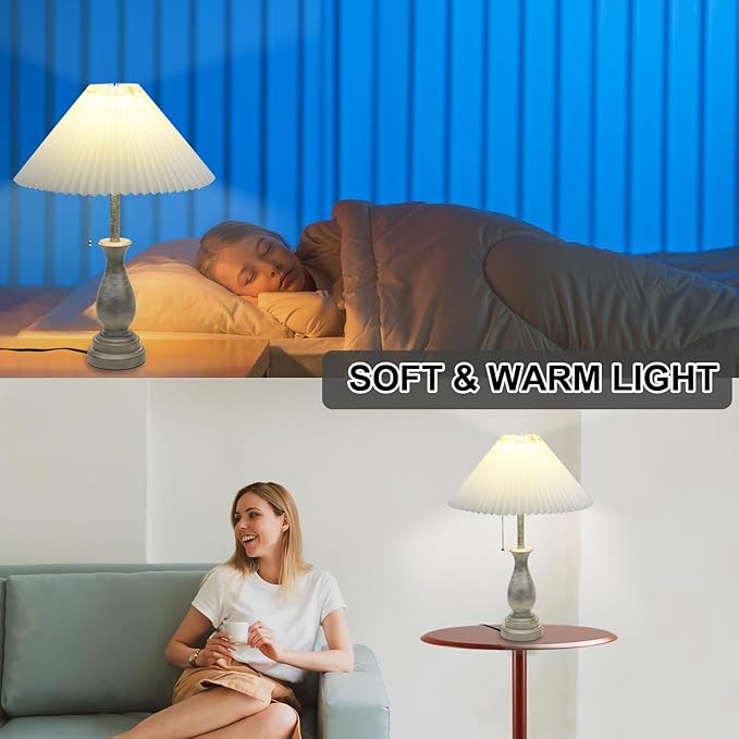 Farmhouse Table Lamp with Pull Chain Switch Control 3-Way Dimmable Table Lamp, Modern Nightstand Lamp Bedside Desk Lamp with Fabric Shade for Living Room Bedroom Hotel (Pack 1-Folding lampshade)