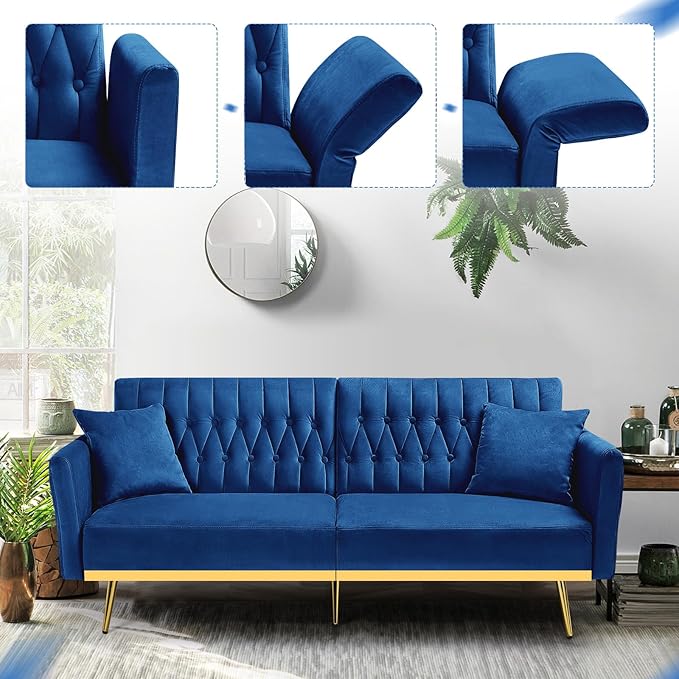 70” Velvet Futon Sofa Bed w/Adjustable Armrests and Backrest, Convertible Futon Couch w/2 Pillows, Modern Sleeper Bed for Living Room, Bedroom, Blue