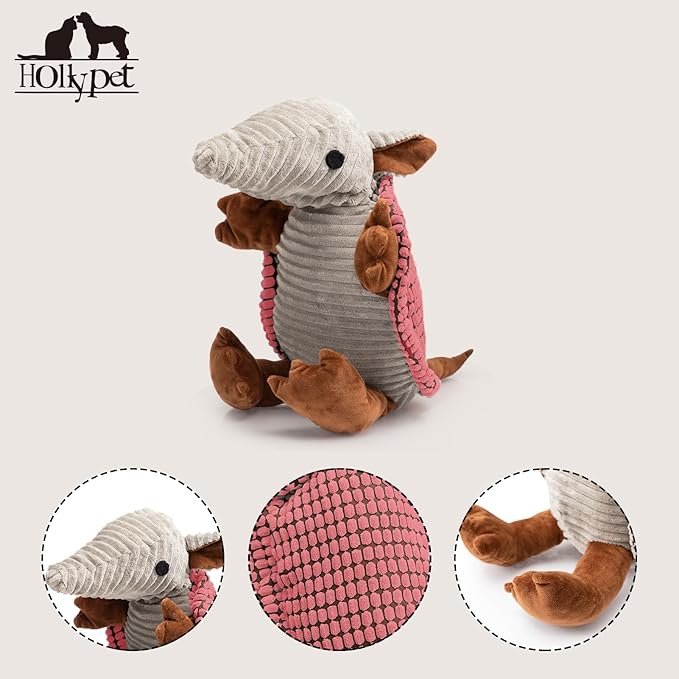 Hollypet Plush Dog Squeaky Toy Stuffed Armadillo Animal Pet Puppy Chew Toys with Clean Teeth for Small Medium Large All Breed Sizes Dogs, Bright Pink, 14 in