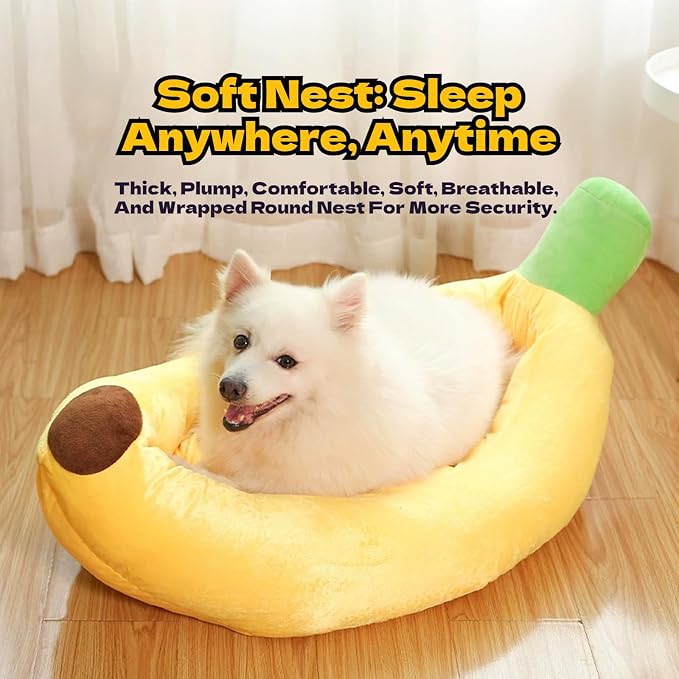 Banana Pet Bed for Small Dogs and Cats, Cozy Enclosed Calming Cave Bed with Removable Plush Cushion for Indoor Kittens Puppies Small Pets (Banana Bed + Bone Toy, Medium)