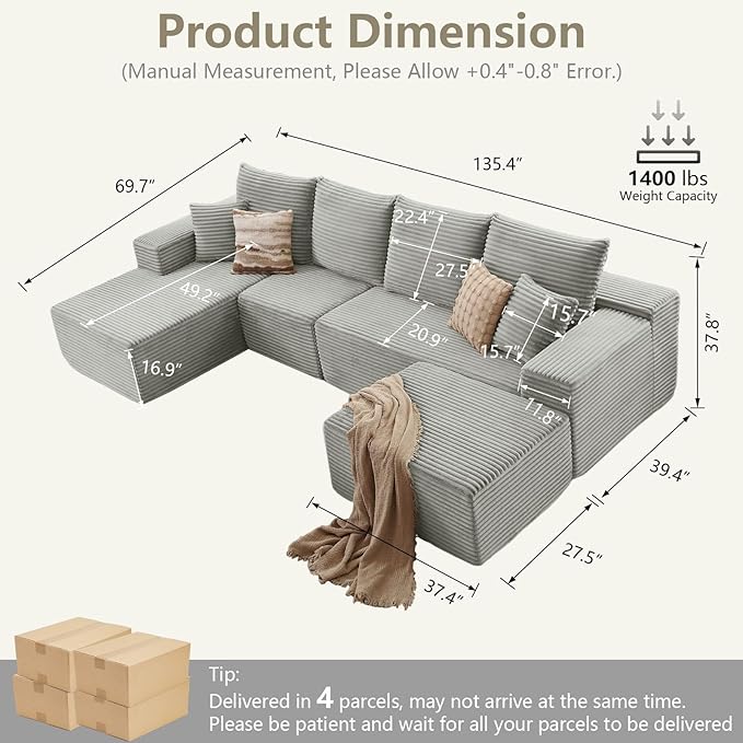 135" L-Shape Sofa with Ottoman, Modern Modular Sectional Comfy U-Shape Cloud Couch, Deep Seat, Upholstered Corduroy Sleeper Chaise Longue for Living Room Bedroom, No Assembly Required, Grey