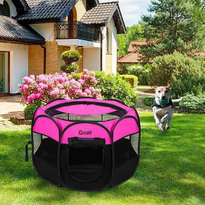 GOOZII Portable Dog Playpen for Small Dogs Indoor Outdoor, Foldable Pet Puppy Playpens Kennel Tent with Top Cover Door for House Cat Kitty for Dog Lover as (Medium Size, Pink)