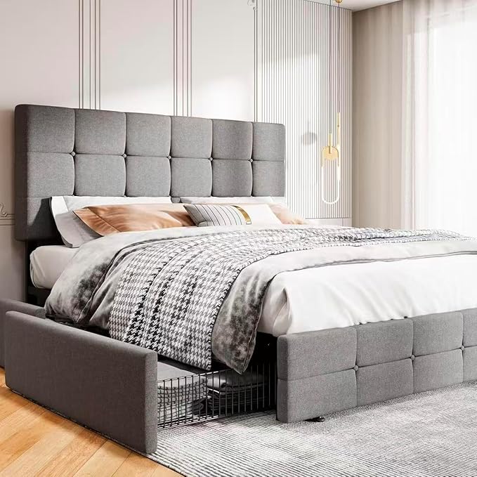 MUTICOR Full Size Bed Frame with 4 Storage Drawers, Upholstered Platform Bed with Button Tufted Adjustable Headboard, No Box Spring Needed, Easy Assembly, Square Tufted, Light Grey Fabric