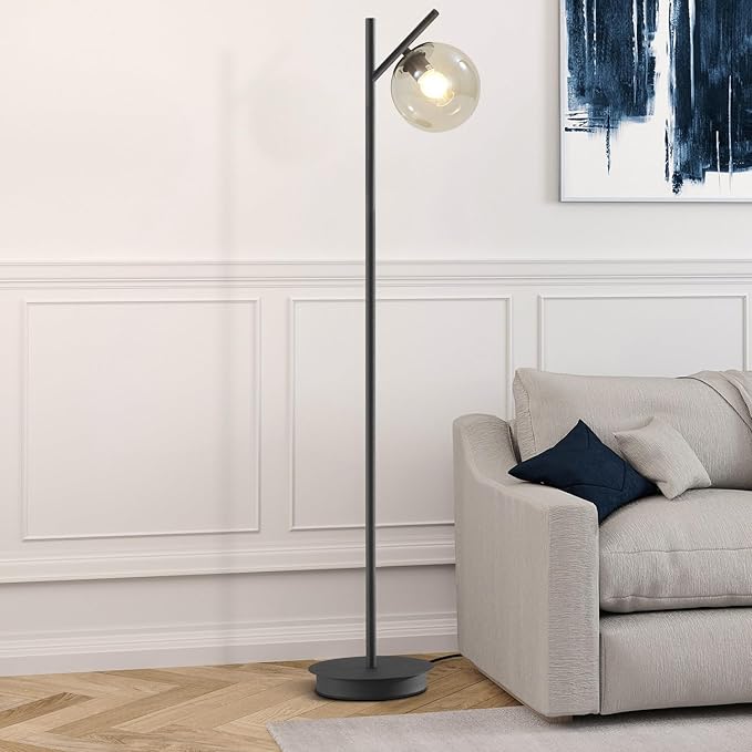 Vintage Floor Lamp for Living Room Mid Century Black Floor Freestanding Lamp Farmhouses Cognac Glass Globe Standing Tall Pole Lamp for Study Room Hotel Bedroom