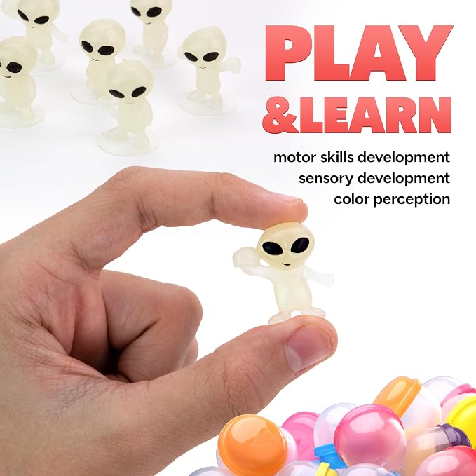 Alien Toys in Capsules - 100 Pcs of 1.1 Inch Plastic Capsules & 1 Inch Glow in the Dark Alien Figurines for Kids - Party Favors - Classroom Prizes - Toys Bulk for Vending Machine Refill
