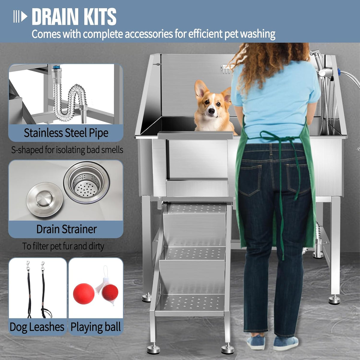 38" Dog Bathing Station, Professional Dog Washing Station Stainless Steel Dog Grooming Tub for Home,Equipped with Three Anti-Slip Steps, Removable Door, Pet Wash Station for Pet,L-RAMP