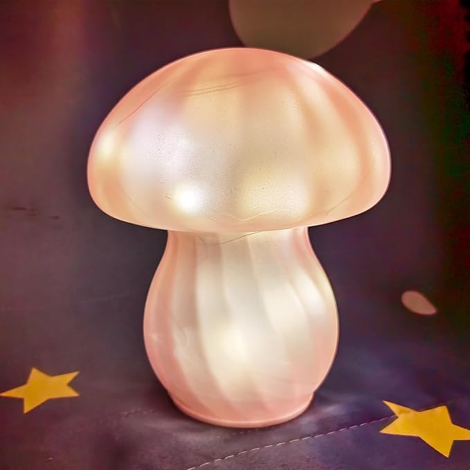 Mushroom Table Lamps Night Lights Cute Glass Nightstand Bedside Desk Lamps for Bedroom Living Study(Bulb Included) - Pink Stripes