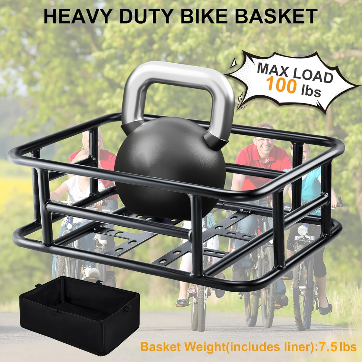 Bike Basket Rear with Liner,Waterproof Cover,Cargo Net Large Rear Bike Basket,Heavy Duty Bicycle Rear Basket for Electric Bike, Ebike,Great for Bike Trip,Carrying Grocery,Ball,Dog