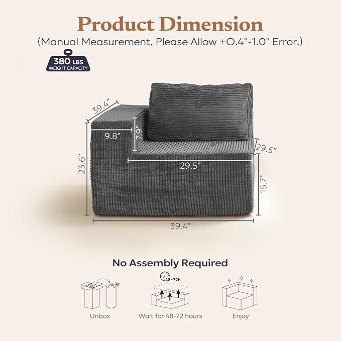 40" Modular Sectional Sofa, Upholstered Floor Sofa Couch with Pillow, Bean Bag Chair for Bedroom Living Room, No Assembly Required (Plush Corduroy Fabric, Grey)