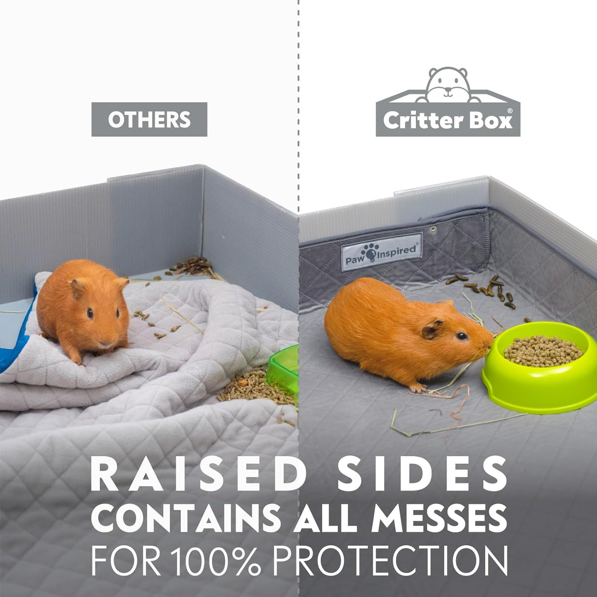 Paw Inspired Critter Box Washable Cage Liner, Reversible Fleece Bedding with Raised Sides for Guinea Pigs and Other Small Animals (Midwest, Gray/Green)