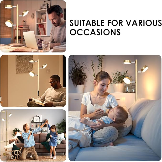 Gold Floor Lamp for Living Room with Remote Modern Tall Standing Lamp Dimmable LED Brass Tree Floor Lamps with 3 Adjustable Heads Touch Control 4 Color Temperatures for Bedroom Office Reading